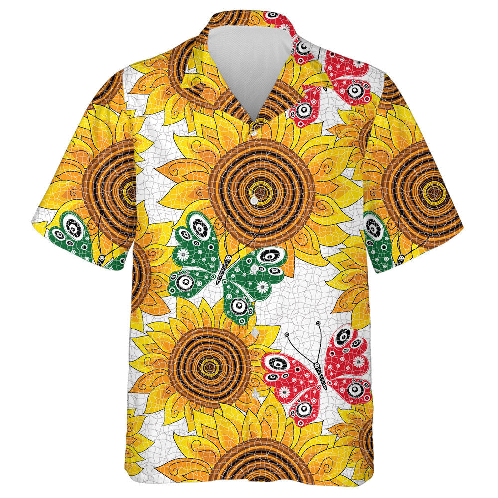 Spring Pattern With Sunflowers And Red And Green Butterflies Hawaiian Shirt, Hawaiian Shirt Gift, Christmas Gift