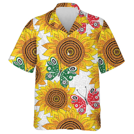 Spring Pattern With Sunflowers And Red And Green Butterflies Hawaiian Shirt, Hawaiian Shirt Gift, Christmas Gift