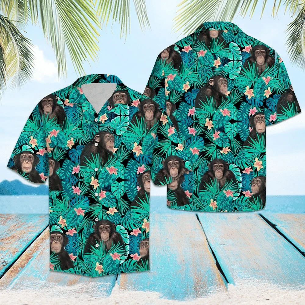 Chimpanzee Tropical Forest With Flower And Leave Pattern Hawaiian Shirt, Hawaiian Shirt Gift, Christmas Gift