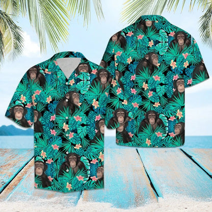 Chimpanzee Tropical Forest With Flower And Leave Pattern Hawaiian Shirt, Hawaiian Shirt Gift, Christmas Gift