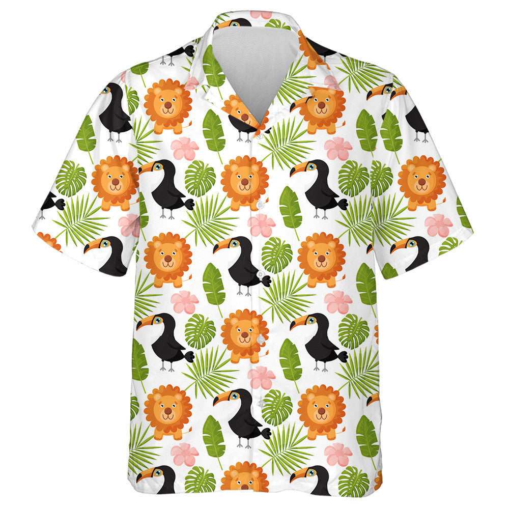 Funny Lions Toucans And Palm Leaves Hawaiian Shirt,Hawaiian Shirt Gift, Christmas Gift