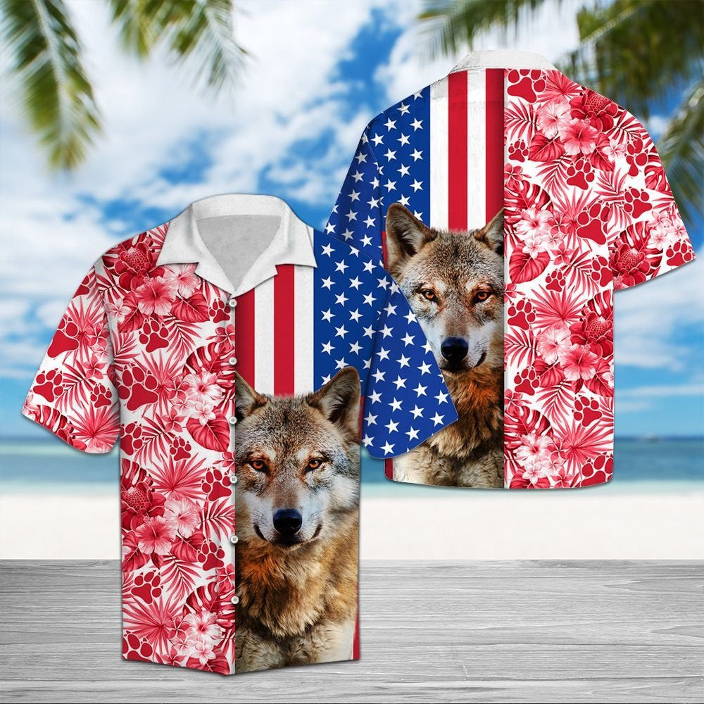 Portrait Of Wolf Usa And Tropical Red Plant Pattern Hawaiian Shirt, Hawaiian Shirt Gift, Christmas Gift
