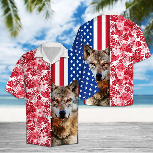 Portrait Of Wolf Usa And Tropical Red Plant Pattern Hawaiian Shirt, Hawaiian Shirt Gift, Christmas Gift