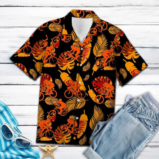 Vintage Biking Orange Flower Pattern Hawaiian Shirt, Hwaiian For Gift
