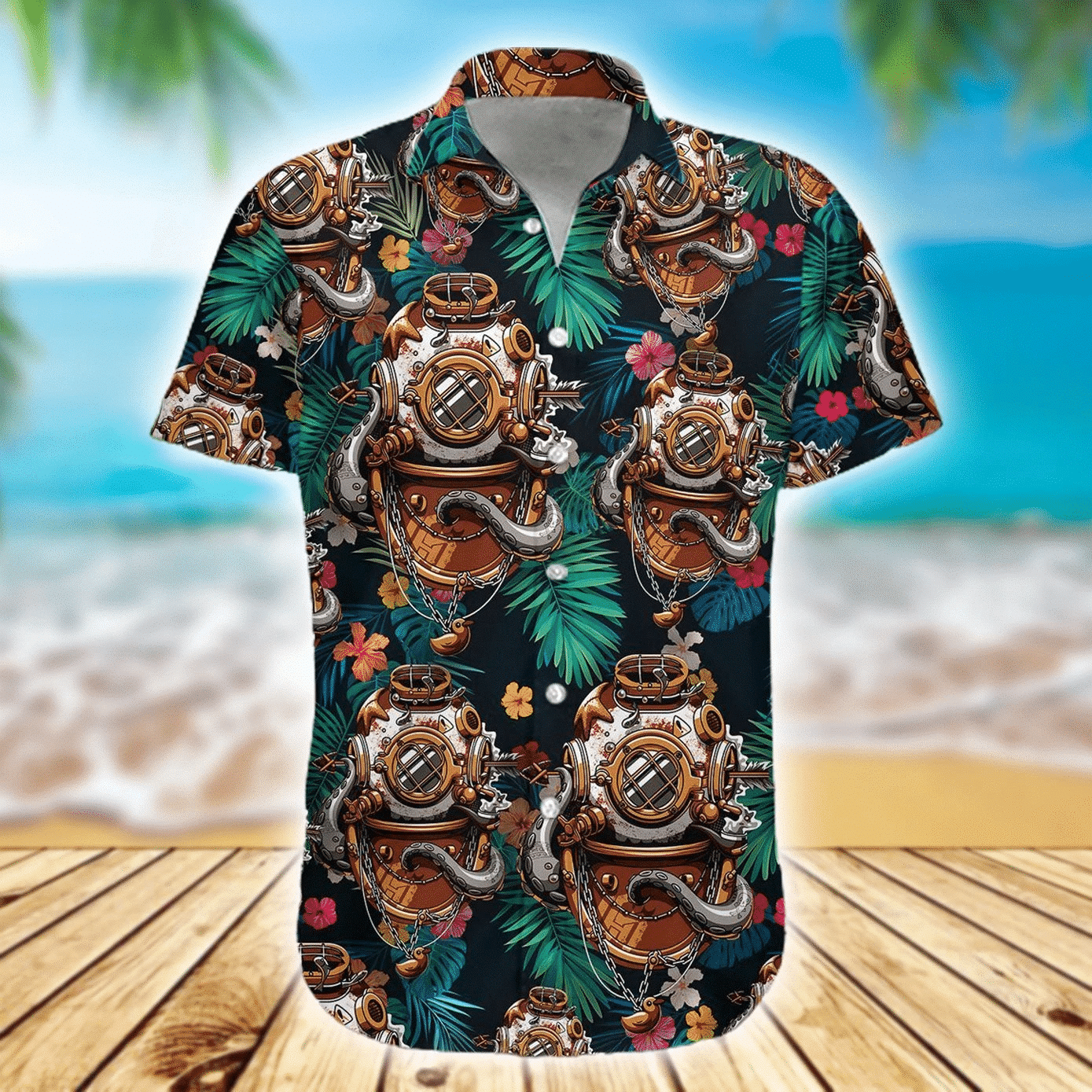 Diving Helmet Tropical Leave And Flower Pattern Hawaiian Shirt, Hawaiian Shirt Gift, Christmas Gift