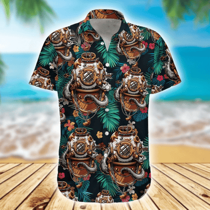 Diving Helmet Tropical Leave And Flower Pattern Hawaiian Shirt, Hawaiian Shirt Gift, Christmas Gift
