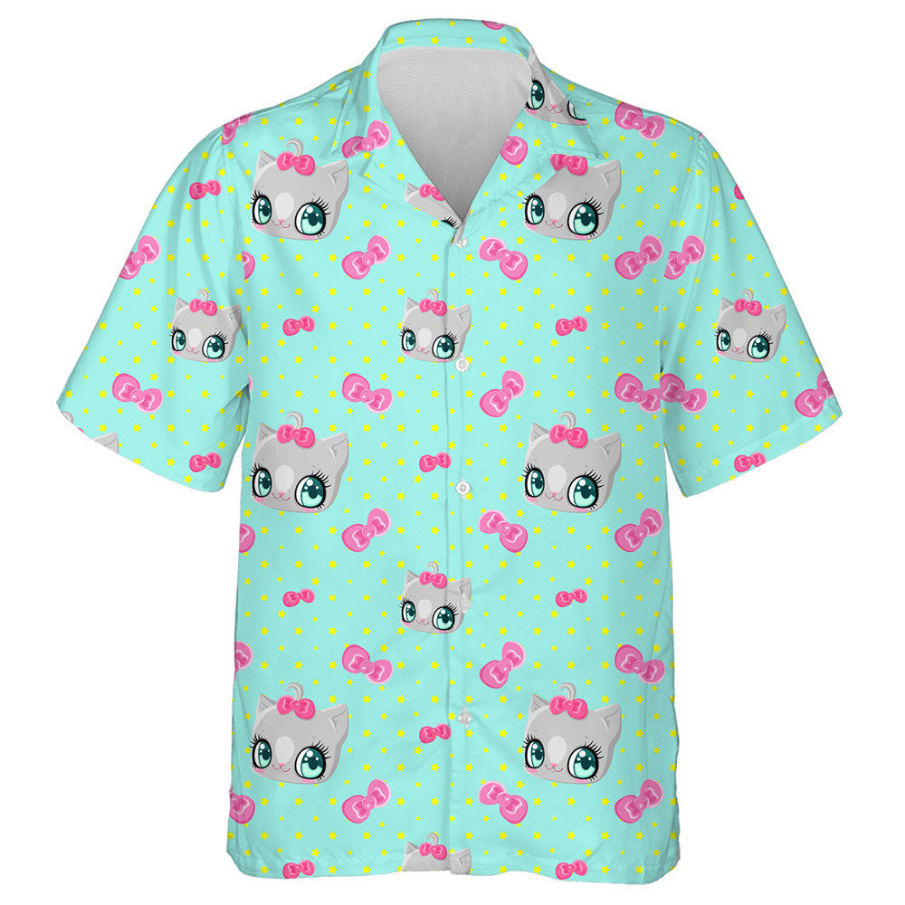 Cats Pink Bows And Stars On A Blue Background Hawaiian Shirt, Hawaiian Shirt Gift, Christmas Gift