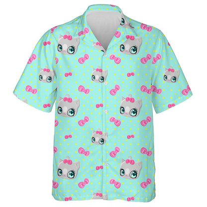 Cats Pink Bows And Stars On A Blue Background Hawaiian Shirt, Hawaiian Shirt Gift, Christmas Gift