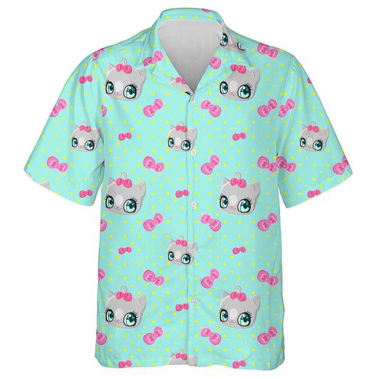 Cats Pink Bows And Stars On A Blue Background Hawaiian Shirt, Hawaiian Shirt Gift, Christmas Gift