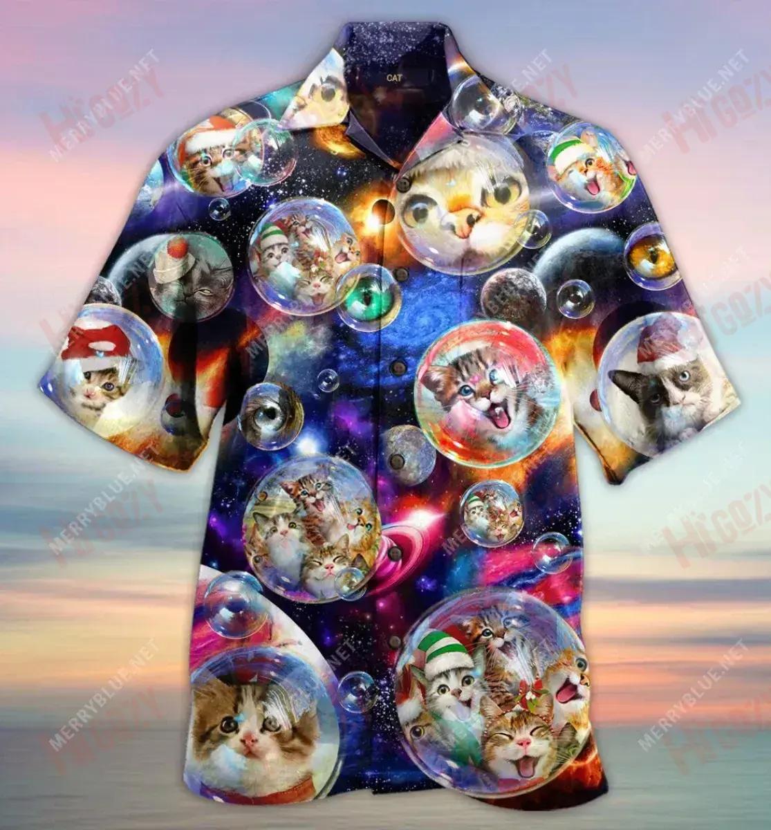 Funny Bubble Cats Christmas Short Short Sleeve Shirt Vacation Hawaiian T Shirts Best Hawaiian Shirts Hawaiian Shirts For Men, Hawaiian Shirt Gift, Christmas Gift