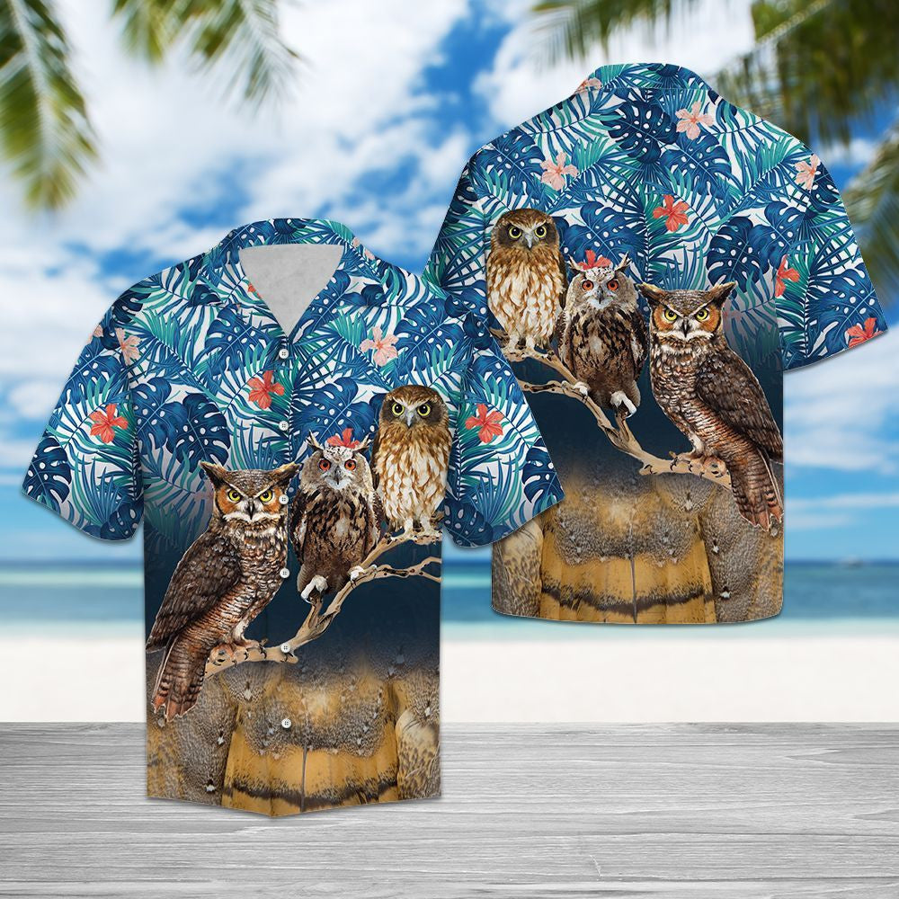 Hawaiian Shirt Owl Family Perched On Branch Tree With Tropical Flowers, Hawaiian Shirt Gift, Christmas Gift