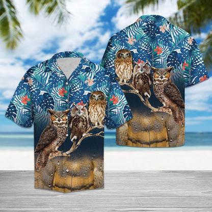Hawaiian Shirt Owl Family Perched On Branch Tree With Tropical Flowers, Hawaiian Shirt Gift, Christmas Gift