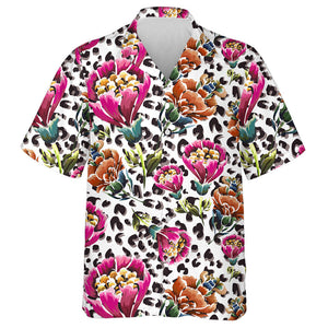 Wild African Leopard Skin And Retro Flowers Hawaiian Shirt, Hawaiian Shirt Gift, Christmas Gift