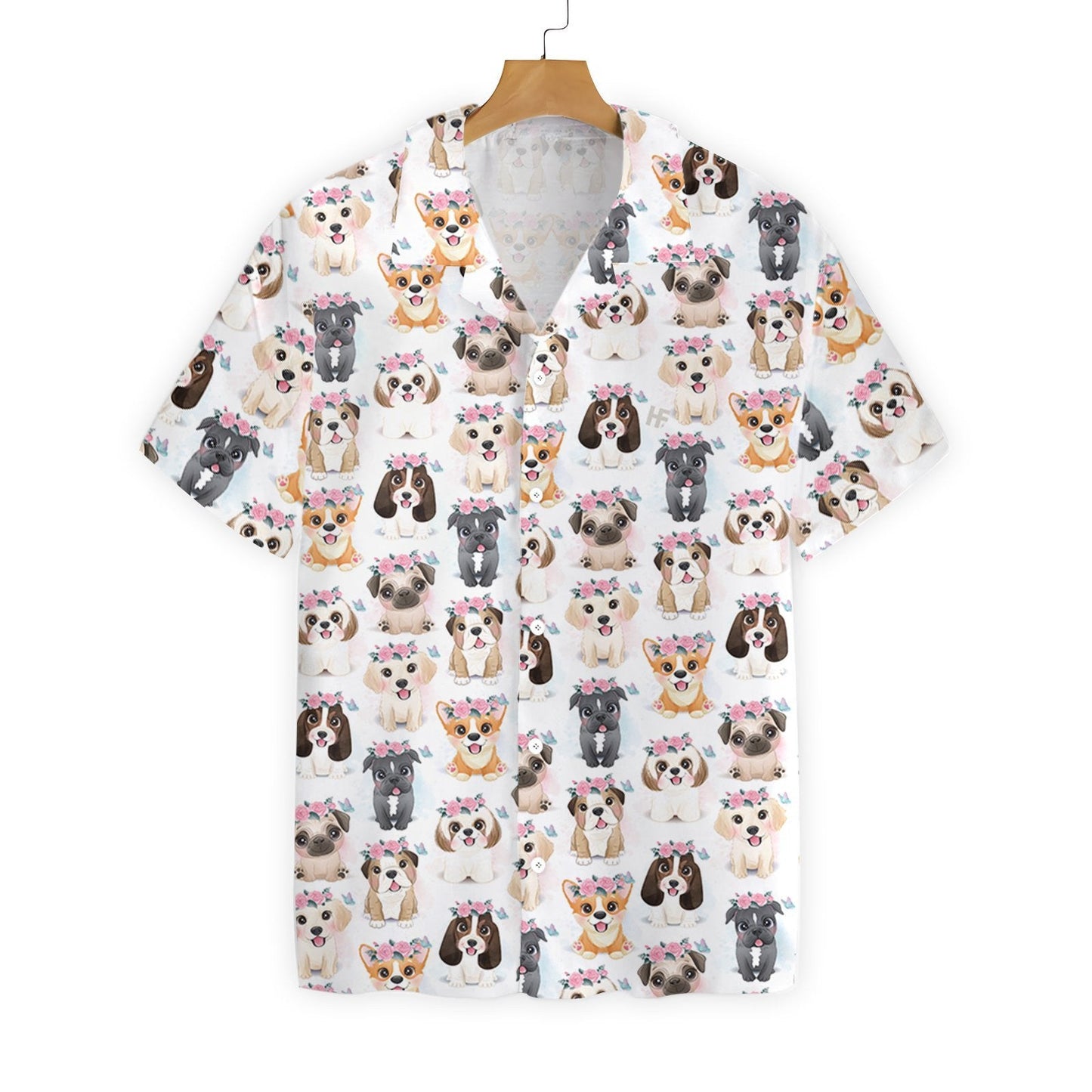 Cute Puppies With Flowers Crown White Background Hawaiian Shirt, Hawaiian Shirt Gift, Christmas Gift