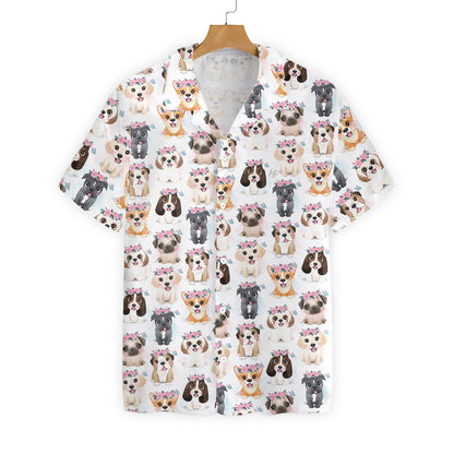 Cute Puppies With Flowers Crown White Background Hawaiian Shirt, Hawaiian Shirt Gift, Christmas Gift