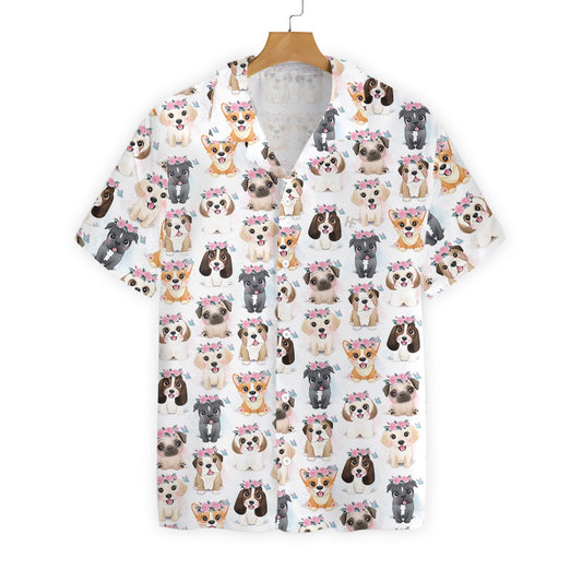 Cute Puppies With Flowers Crown White Background Hawaiian Shirt, Hawaiian Shirt Gift, Christmas Gift