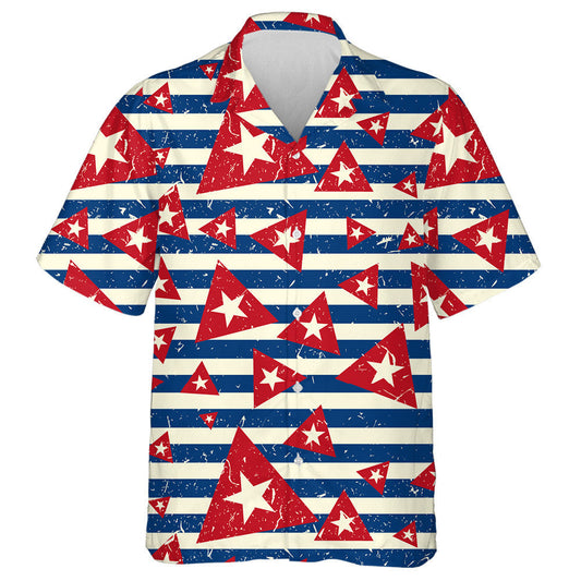 Inspired Triangle Star Monochrome Dark Blue White Striped Hawaiian Shirt, Hawaiian Shirt Gift, Christmas Gift