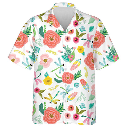 Bright Flying Dragonfly Flowers And Leaves Hawaiian Shirt, Hawaiian For Gift