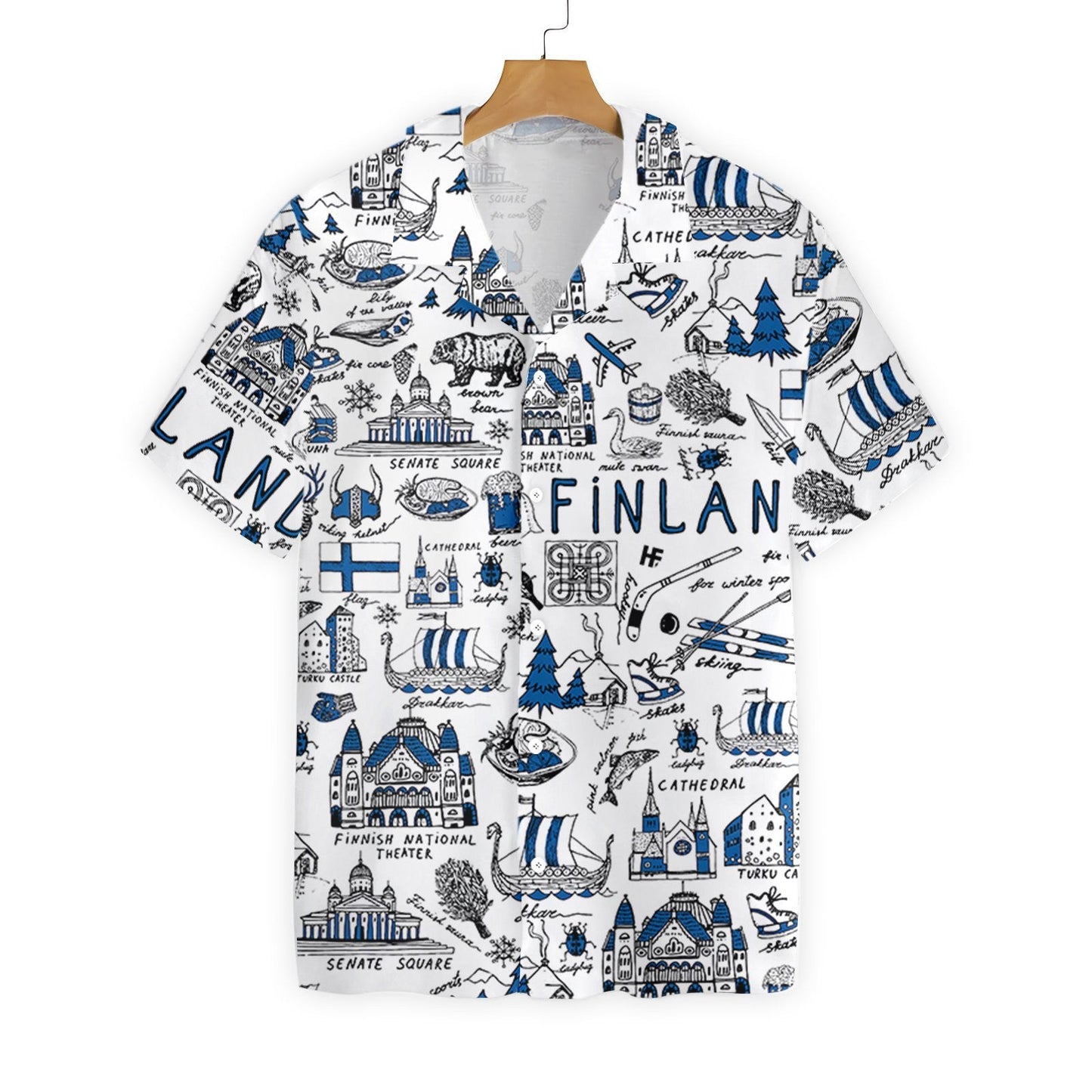 Navy And White Design Hawaiian Shirt I Love Finland Doodle, Hawaiian Shirt Gift, Christmas Gift