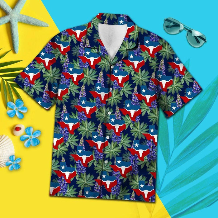 Classic Flag Of Texas Longhorn Bluebonnet Pattern Hawaiian Shirt, Hawaiian Shirt Gift, Christmas Gift