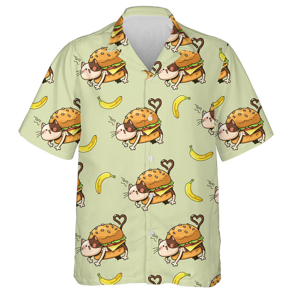 Cat Hamburger And Banana Cartoon On Green Background Hawaiian Shirt, Hawaiian Shirt Gift, Christmas Gift