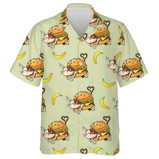 Cat Hamburger And Banana Cartoon On Green Background Hawaiian Shirt, Hawaiian Shirt Gift, Christmas Gift