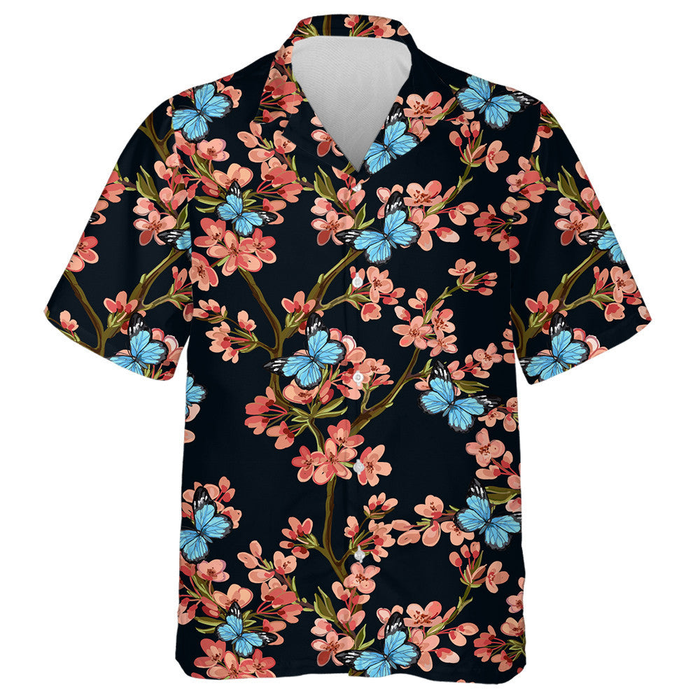 Butterflies With Tropical Japanese Flowers Spring Hawaiian Shirt, Hawaiian For Gift