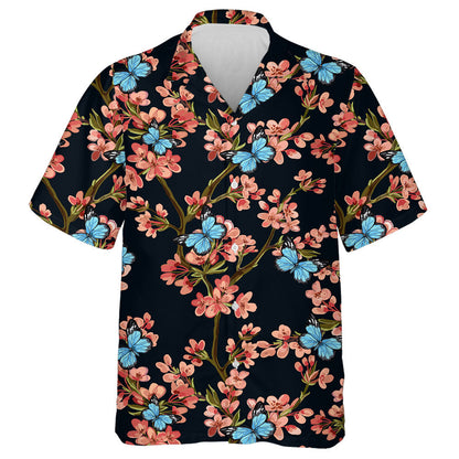 Butterflies With Tropical Japanese Flowers Spring Hawaiian Shirt, Hawaiian For Gift