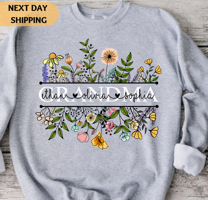 Personalized Grandma T-shirts, Custom Name Shirts, Wildflower Gifts Shirts, Grandma Garden