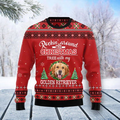 Golden Retriever Rockin unisex womens & mens, couples matching, friends, funny family ugly christmas holiday sweater gifts, Christmas Ugly Sweater