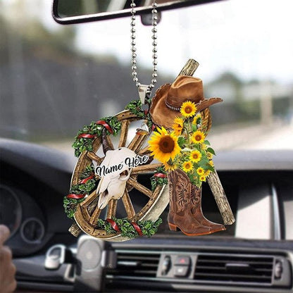 Personalized Cowboy Cowgirl Sunflower Hat Boots Car Hanging Ornament, Christmas Decoration