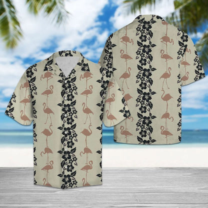 Tropical Flamingo And Black Hibiscus Pattern Hawaiian Shirt,Hawaiian Shirt Gift, Christmas Gift