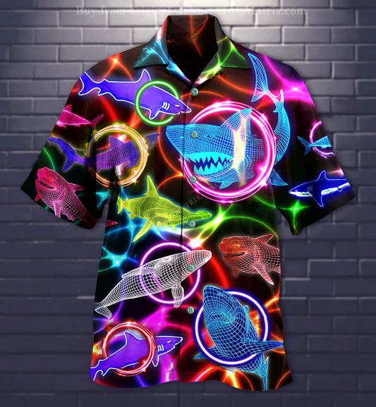 Shark Loves Circle Neon - Hawaiian Shirt, Hawaiian Shirt Gift, Christmas Gift