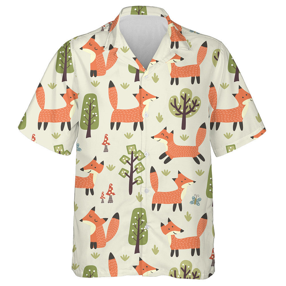 Cute Cartoon Trees Mushrooms And Funny Fox Pattern Hawaiian Shirt, Hawaiian Shirt Gift, Christmas Gift