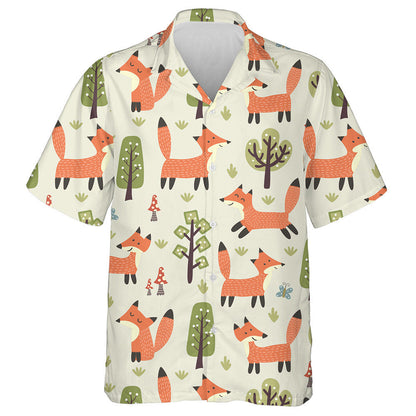 Cute Cartoon Trees Mushrooms And Funny Fox Pattern Hawaiian Shirt, Hawaiian Shirt Gift, Christmas Gift