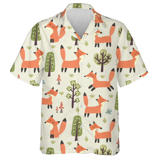 Cute Cartoon Trees Mushrooms And Funny Fox Pattern Hawaiian Shirt, Hawaiian Shirt Gift, Christmas Gift