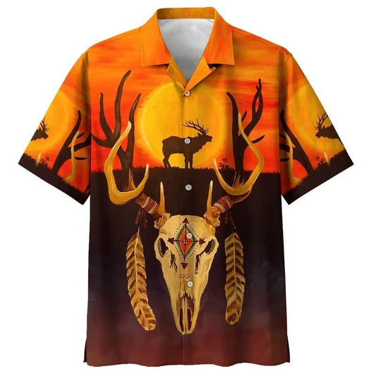 Native American Reindeer On The Grass Beautiful Sunset Hawaiian Shirt, Hawaiian Shirt Gift, Christmas Gift