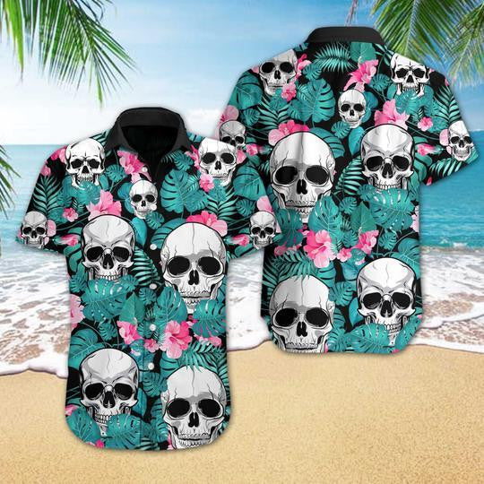 Hand Drawn Skull Tropical With Pink Flower Hawaiian Shirt, Hawaiian Shirt Gift, Christmas Gift