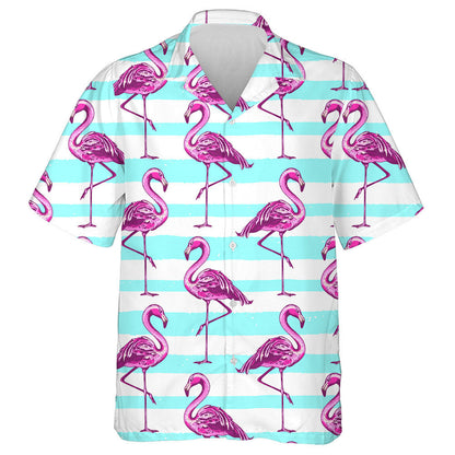 Summer With Pink Flamingo And Blue Lines Hawaiian Shirt,Hawaiian Shirt Gift, Christmas Gift