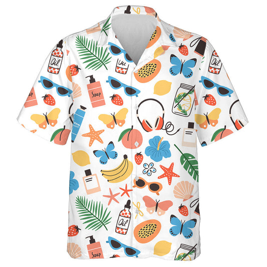 Hand Drawn Summer Palm Leaves Sunglasses And Butterflies Hawaiian Shirt, Hawaiian Shirt Gift, Christmas Gift