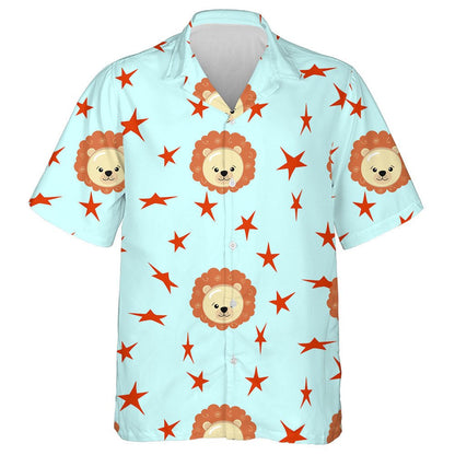 Lovely Lion And Red Stars On Blue Background Hawaiian Shirt, Hawaiian Shirt Gift, Christmas Gift