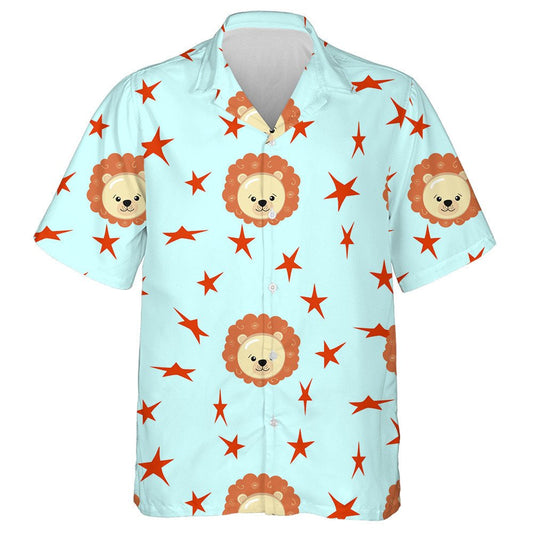 Lovely Lion And Red Stars On Blue Background Hawaiian Shirt, Hawaiian Shirt Gift, Christmas Gift