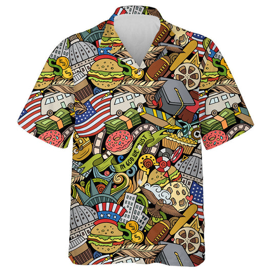Cartoon Doodles Backdrop With American Culture Symbols And Items Hawaiian Shirt, Hawaiian Shirt Gift, Christmas Gift