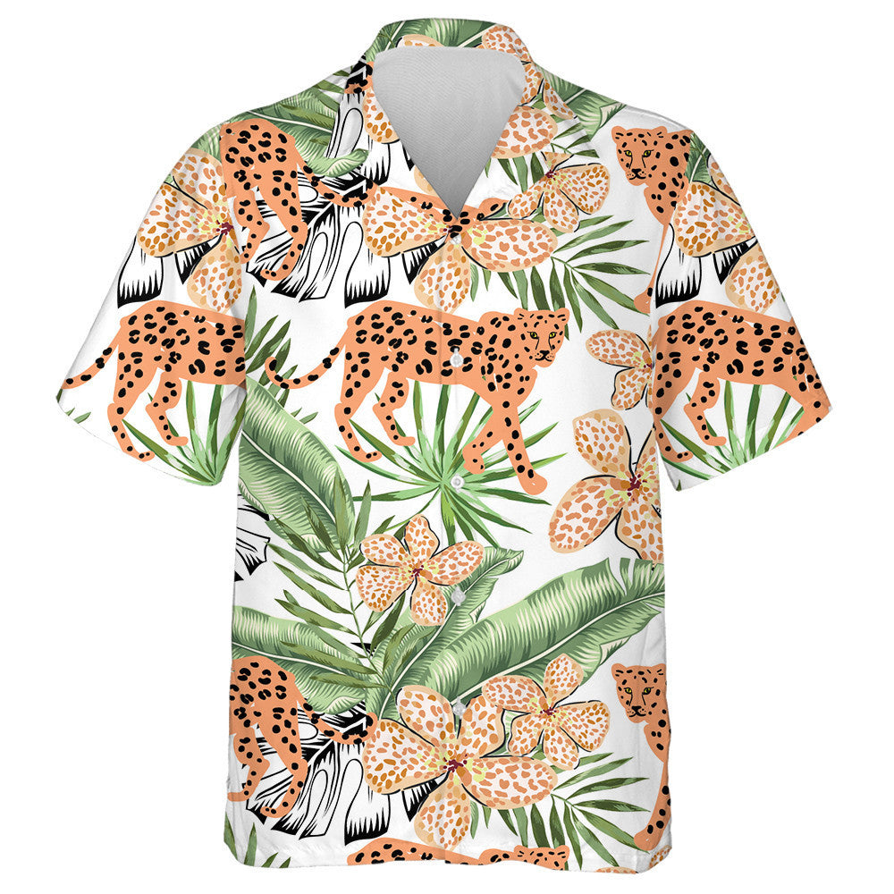 Orange Leopard Animals And Green Banana Palm Leaves Hawaiian Shirt, Hawaiian Shirt Gift, Christmas Gift