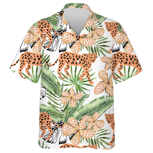 Orange Leopard Animals And Green Banana Palm Leaves Hawaiian Shirt, Hawaiian Shirt Gift, Christmas Gift