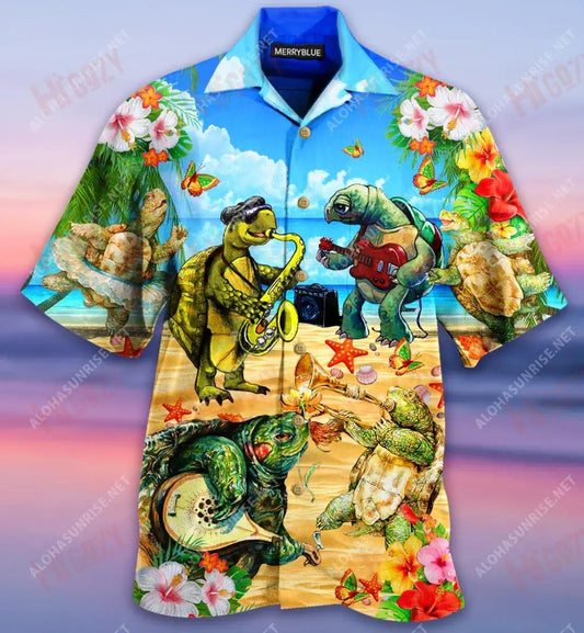 Happy Summer With Turtle Band Unisex Hawaiian Shirt Summer Short Sleeve Tactical Hawaiian Shirt Hawaiian Shirts For Women, Hawaiian Shirt Gift, Christmas Gift