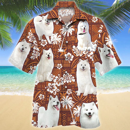 Lovely Samoyed Dog On Red Tribal Pattern Hawaiian Shirt, Hawaiian Shirt Gift, Christmas Gift