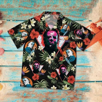 Halloween Scary The Shape Horror Killer Tropical Background Hawaiian Shirt, Hawaiian Shirt Gift, Christmas Gift