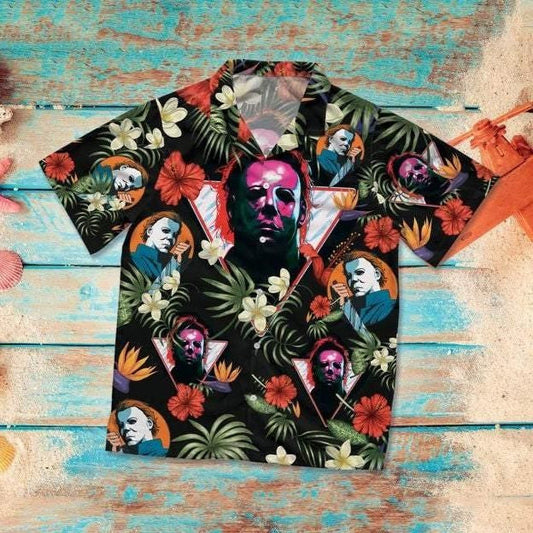 Halloween Scary The Shape Horror Killer Tropical Background Hawaiian Shirt, Hawaiian Shirt Gift, Christmas Gift
