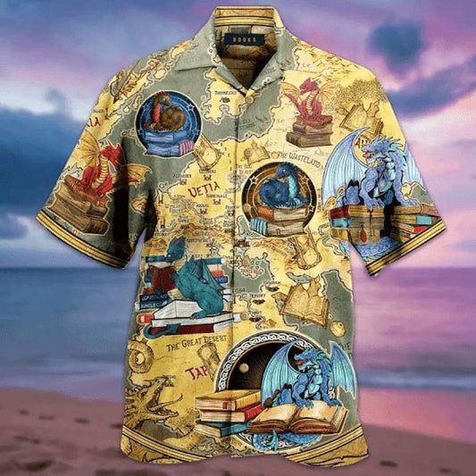 Dragon With Books Vintage Hawaiian Aloha Shirts Hawaiian Shorts Beach Short Sleeve, Hawaiian Shirt Gift, Christmas Gift